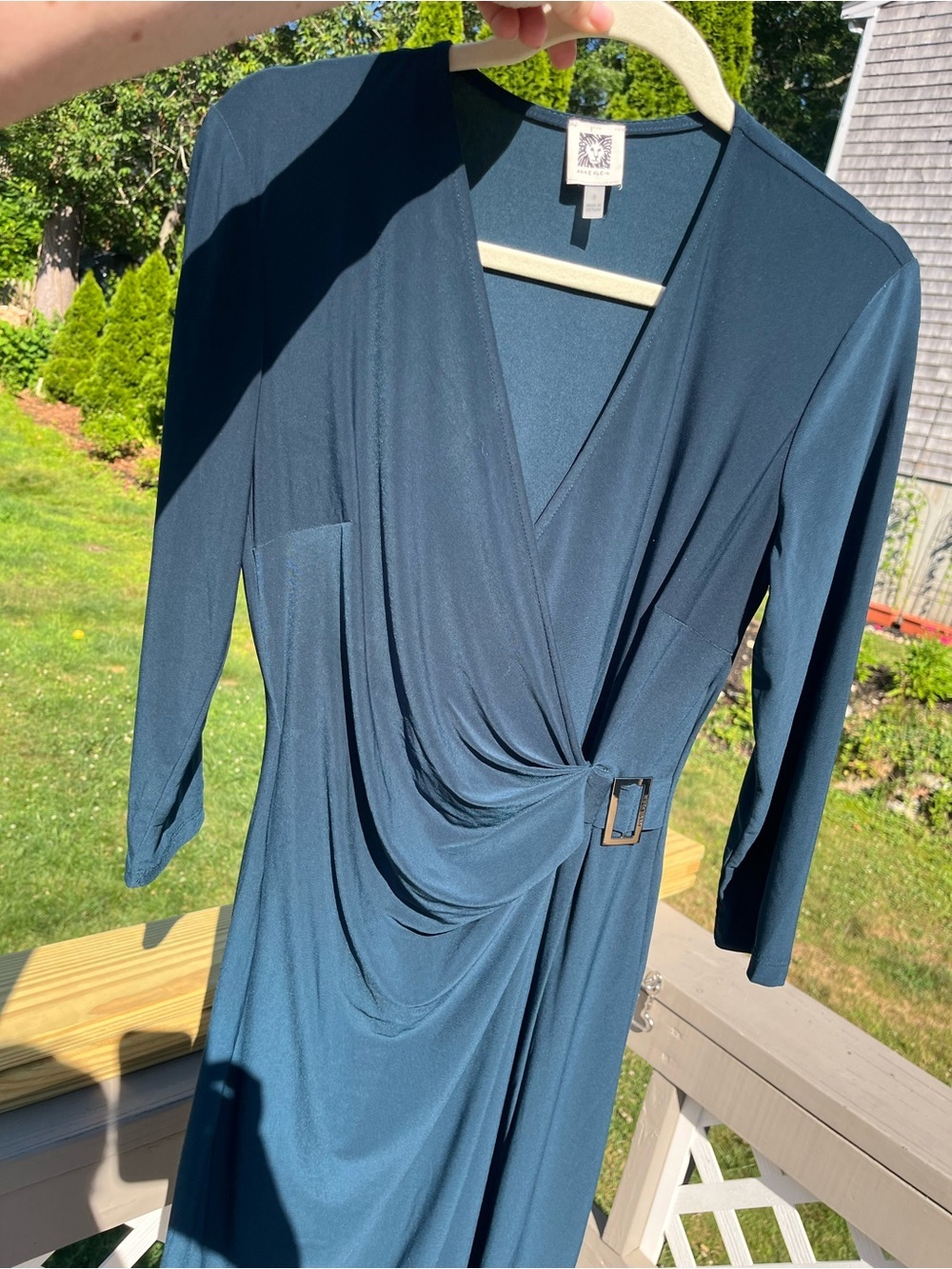 Anne Klein Wrap Midi Dress with Buckle, SIZE MEDIUM, Deep Green Blue - Picture 2 of 5